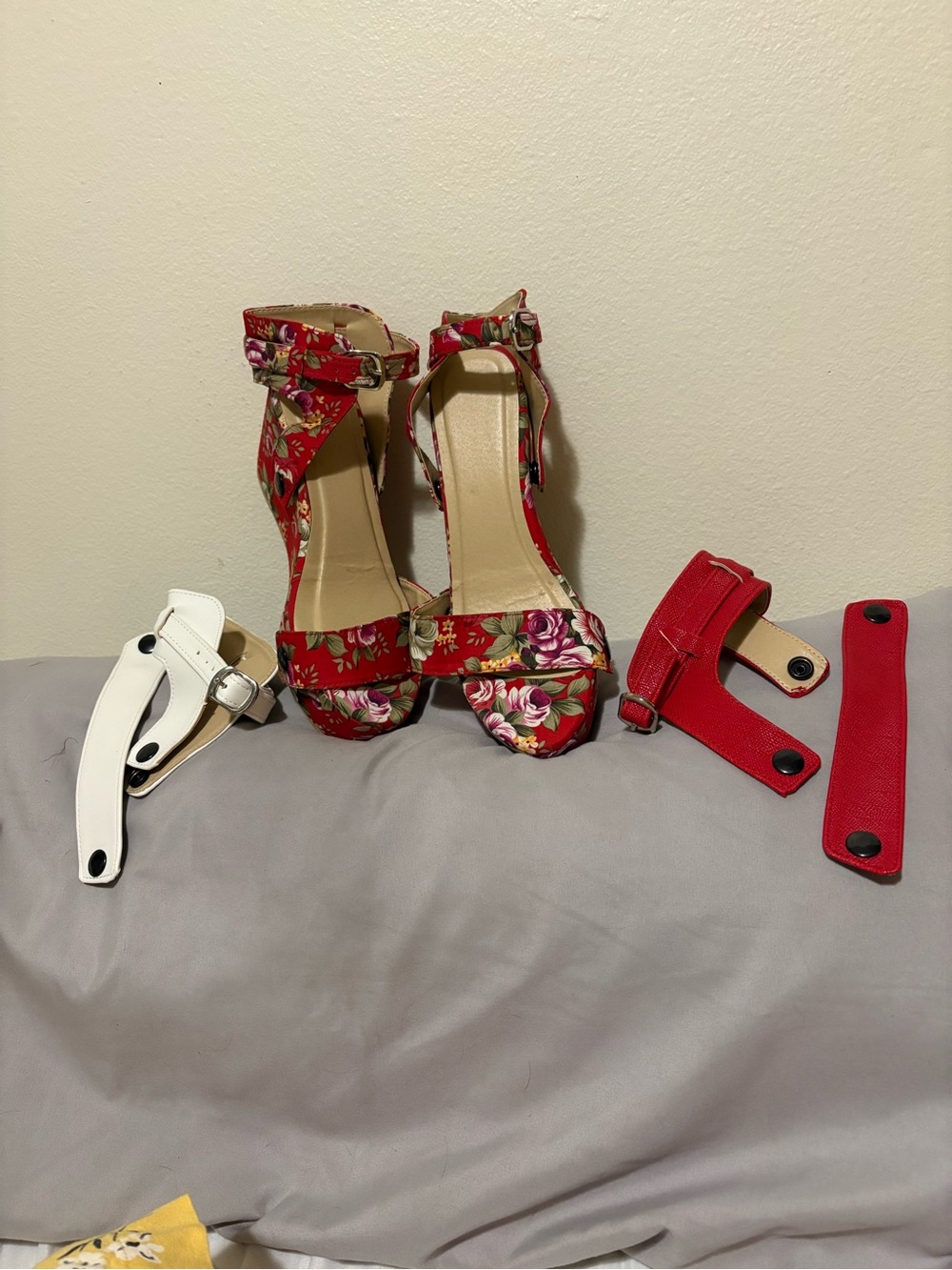 Floral Red Ankle-Strap High Heels